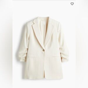 H&M Oversized Linen Blazer with Gathered Sleeves – White – XS